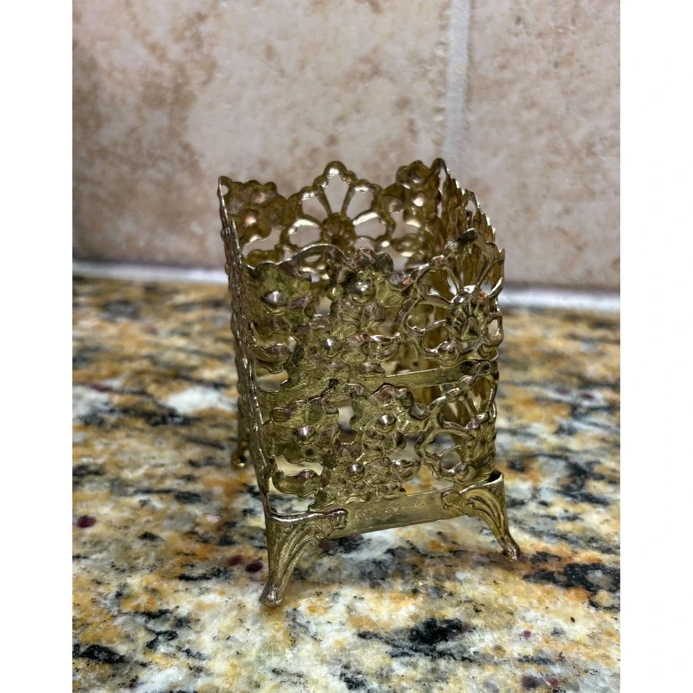 Vintage Gold Filigree Hollywood Regency vanity set 4 Pieces & Bohemia Glass Read